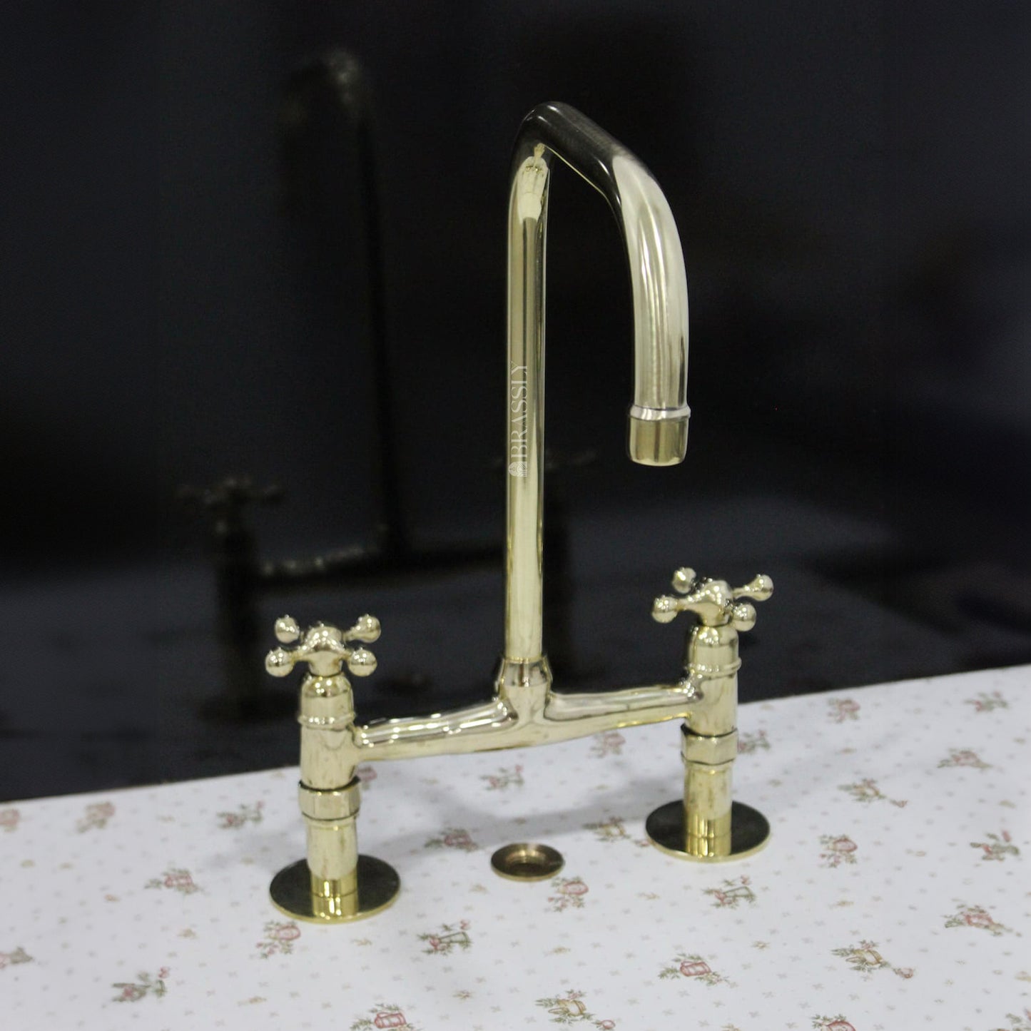 Unlacquered Solid Brass 8" Bridge Tap with Cross Handles and Curved Spout