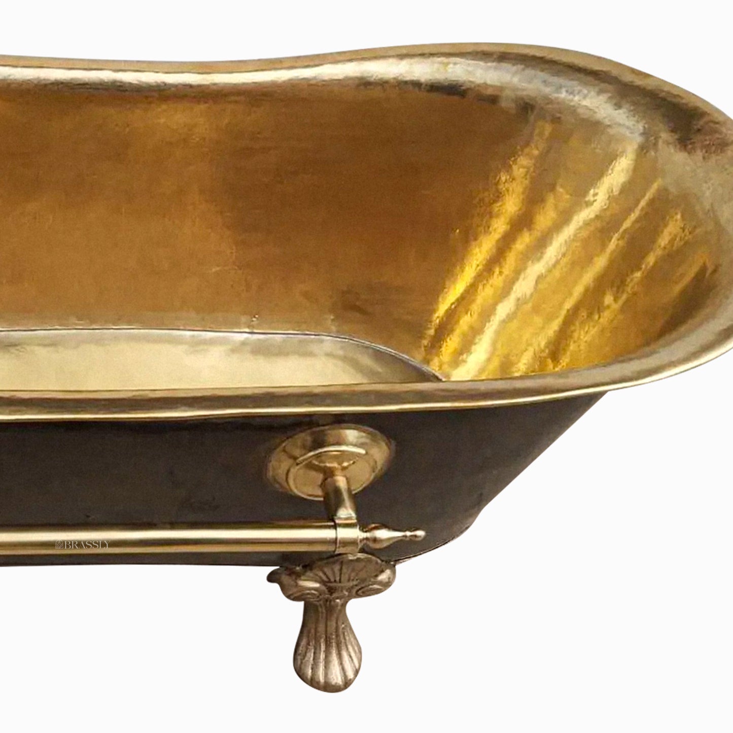 Antique Brass Clawfoot Bathtub with Polished Interior & Towel Holder – Luxury Freestanding Bath