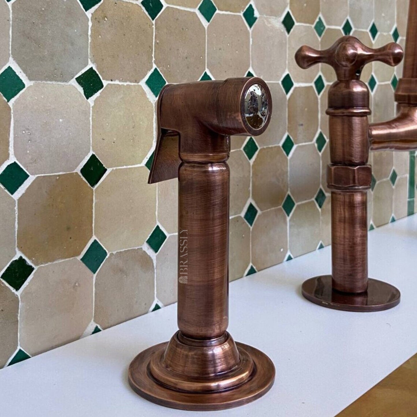 Unlacquered Brass or Copper Kitchen Bridge Faucet with Optional Sprayer, Different Handles, Straight Legs