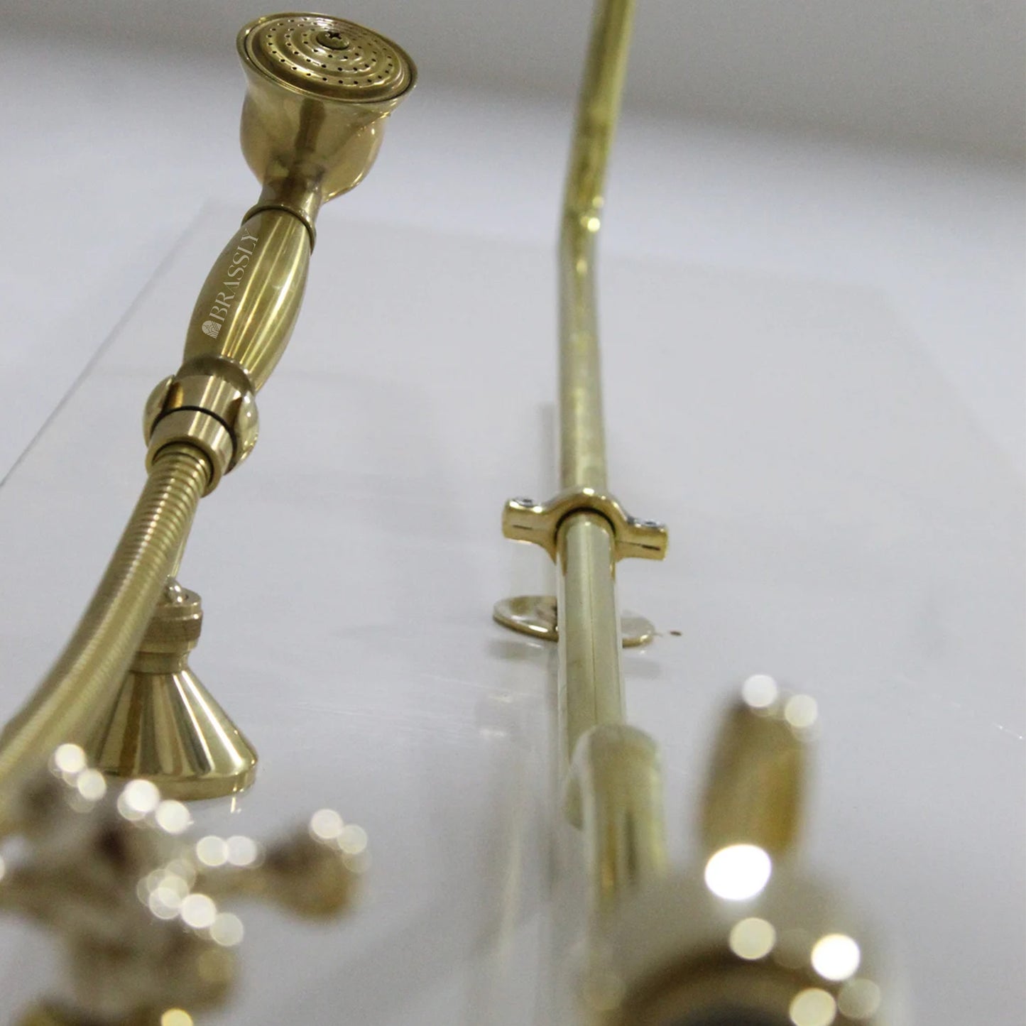 Brass Shower System with Tub Filler And Hand Shower, Unlacquered Exposed Pipe Design