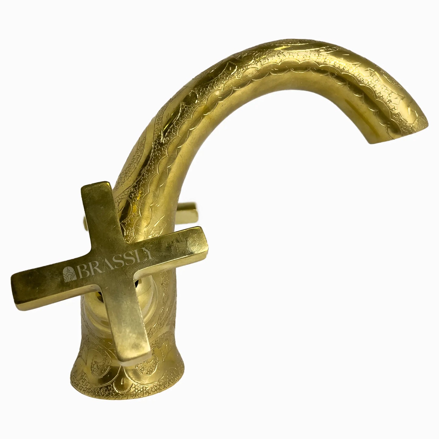 Single Hole Unlacquered Brass Bathroom Tap, Engraved Gooseneck Brass Vanity Faucet With Flat Cross Handles - Mumbai