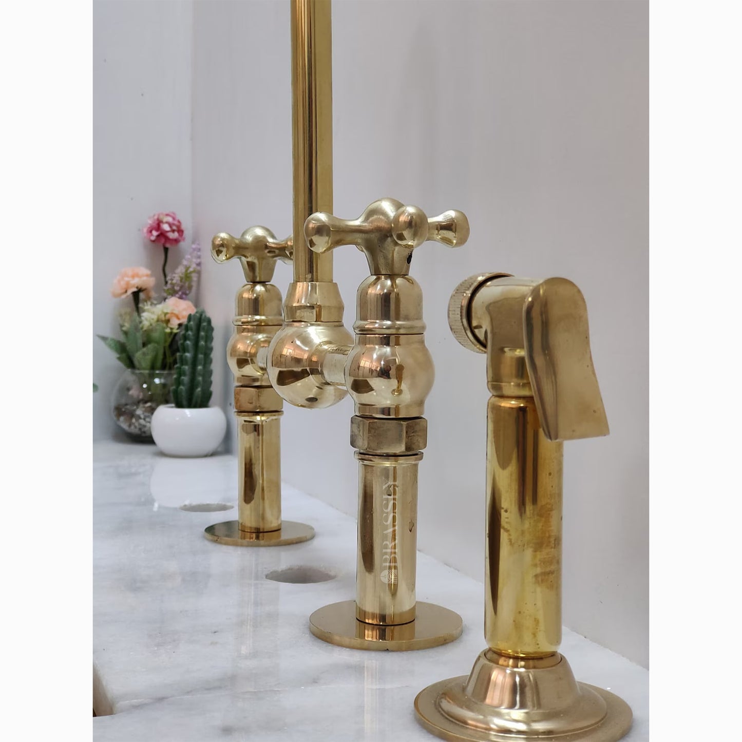 Unlacquered Brass or Copper Kitchen Bridge Faucet with Optional Sprayer, Different Handles, Straight Legs