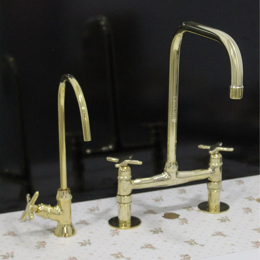 Unlacquered Solid Brass 8" Bridge Tap with Cross Handles and Curved Spout