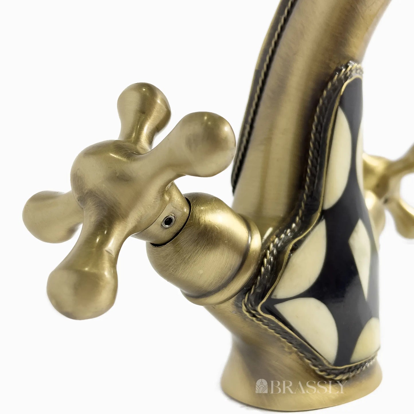 Brass Bathroom Tap With Resin And Bone Accents, Single Hole Bathroom, Vanity Sink Faucet With Cross Handles