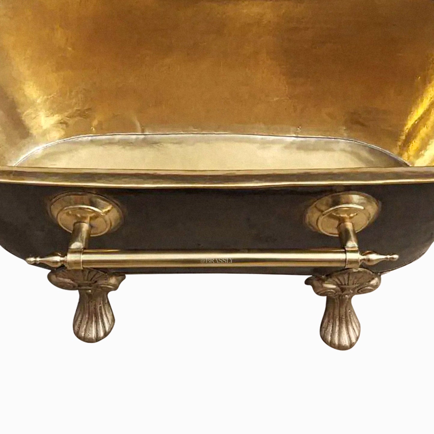 Antique Brass Clawfoot Bathtub with Polished Interior & Towel Holder – Luxury Freestanding Bath