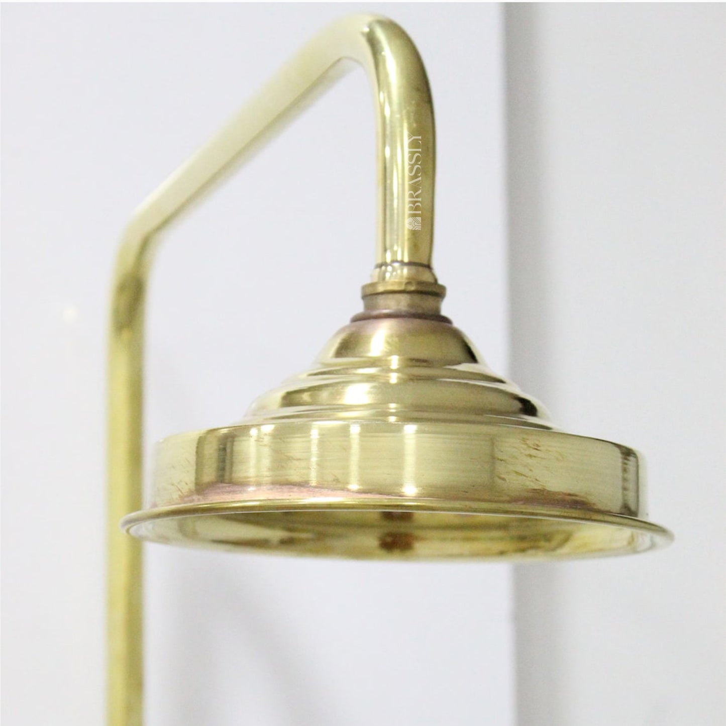 Unlacquered Brass Shower System with Handheld, High-Pressure Hose, Exposed Pipe Design