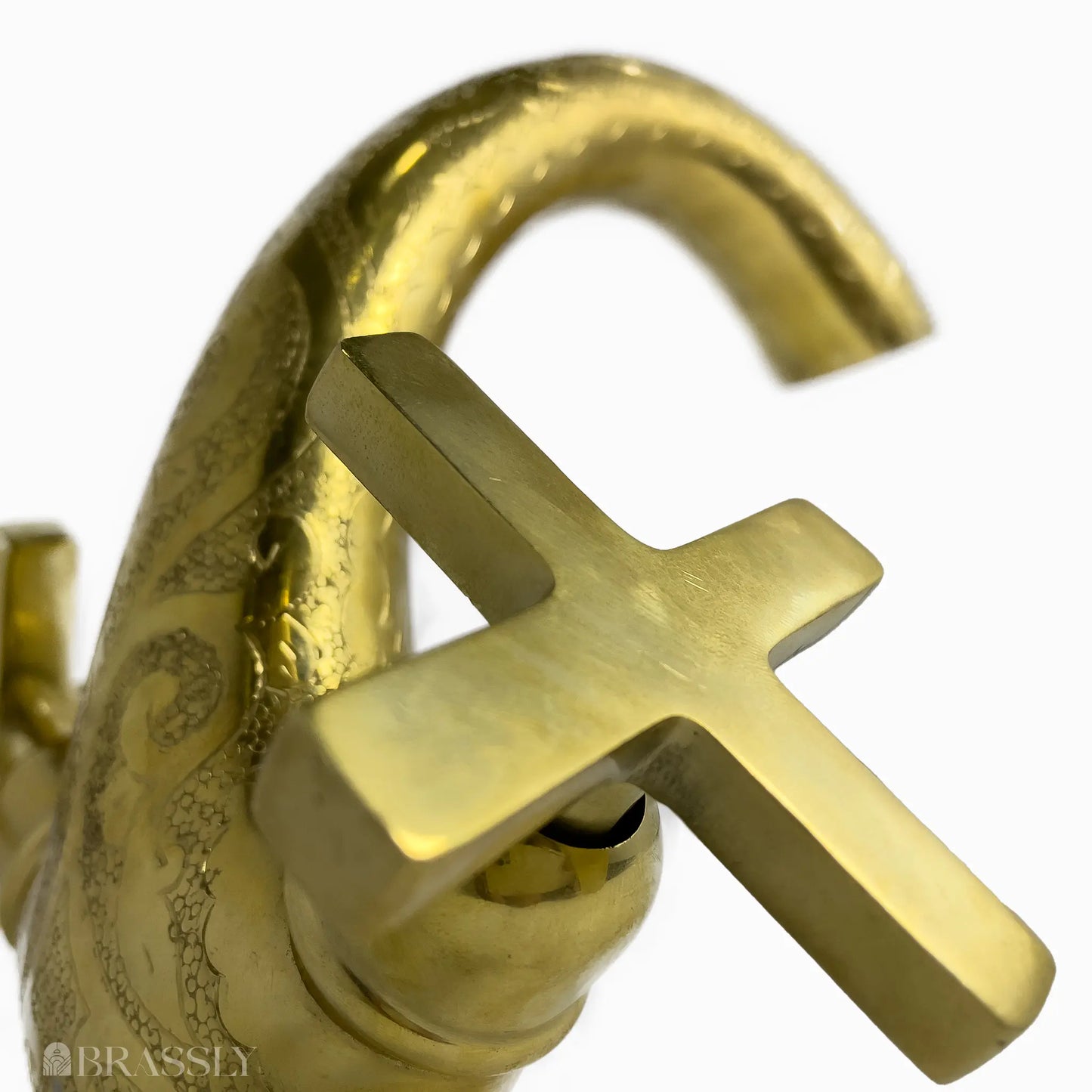 Single Hole Unlacquered Brass Bathroom Tap, Engraved Gooseneck Brass Vanity Faucet With Flat Cross Handles - Mumbai