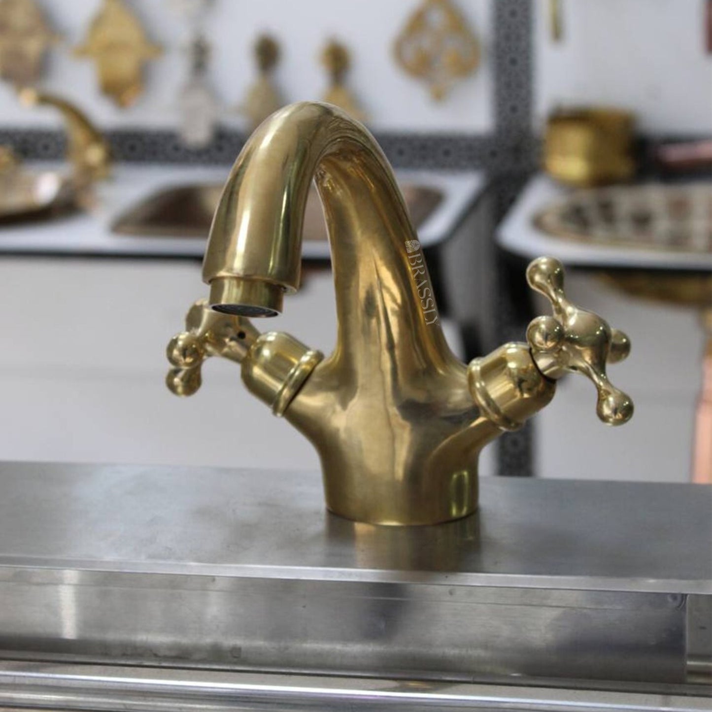 Solid Brass Tap With Simple Cross Handles - Unlacquered Brass Bathroom Tap