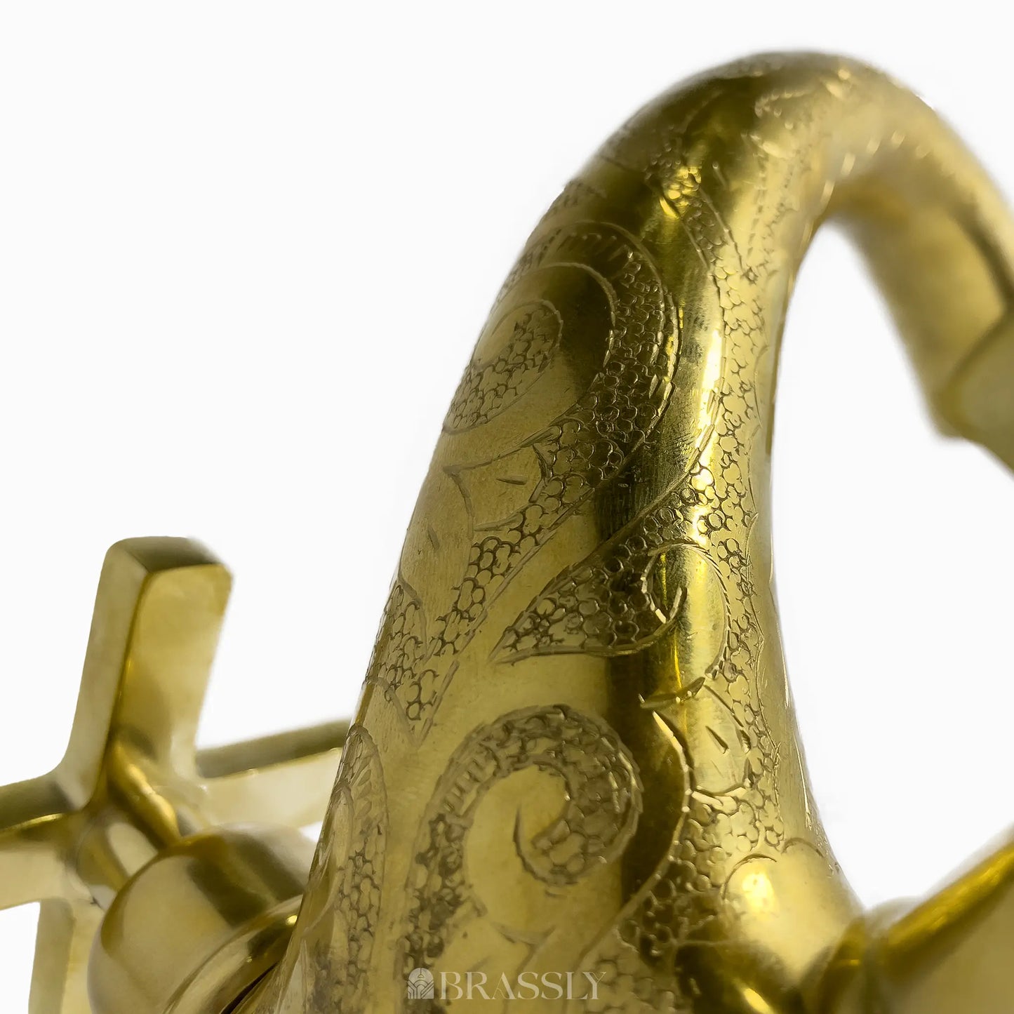Single Hole Unlacquered Brass Bathroom Tap, Engraved Gooseneck Brass Vanity Faucet With Flat Cross Handles - Mumbai