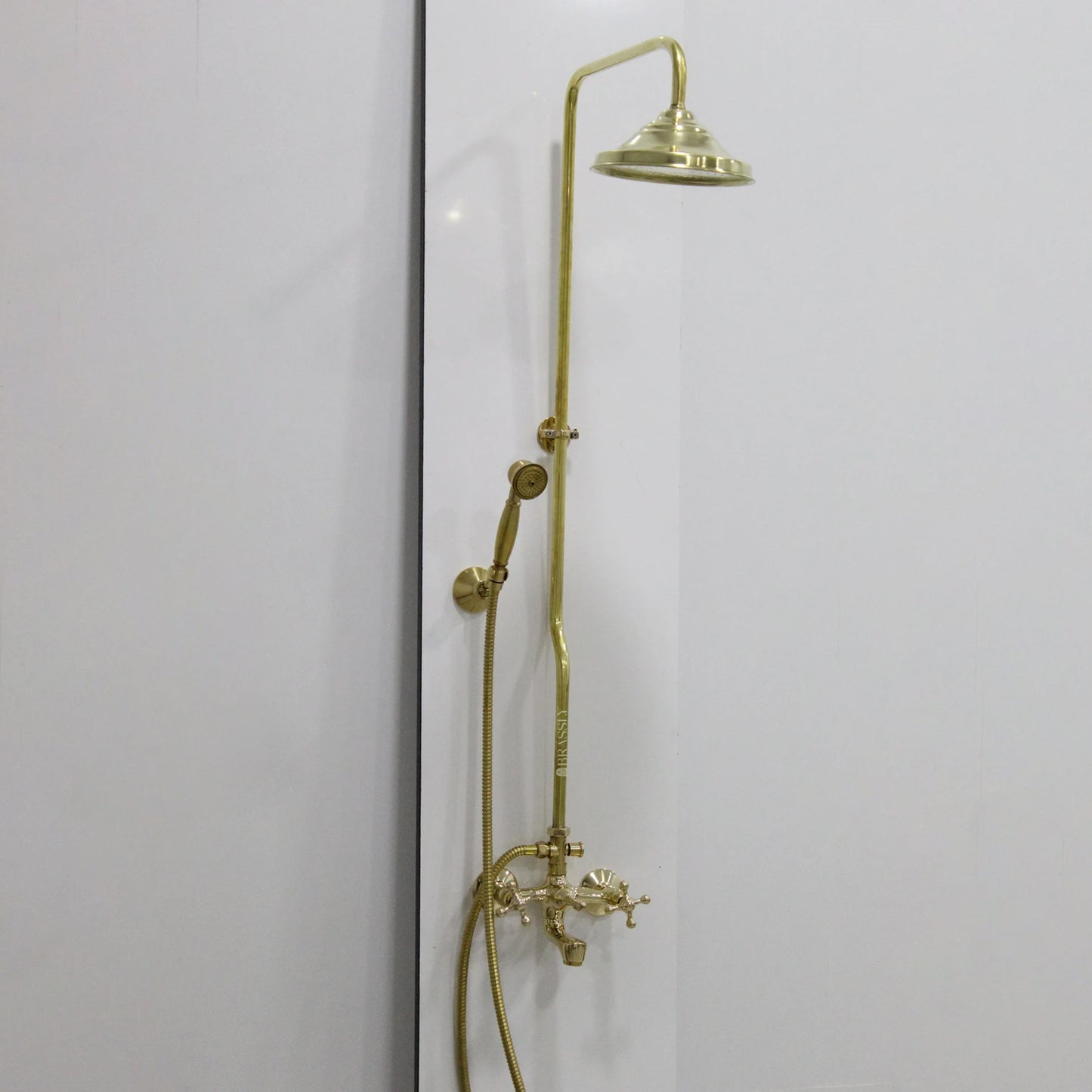 Brass Shower System with Tub Filler And Hand Shower, Unlacquered Exposed Pipe Design