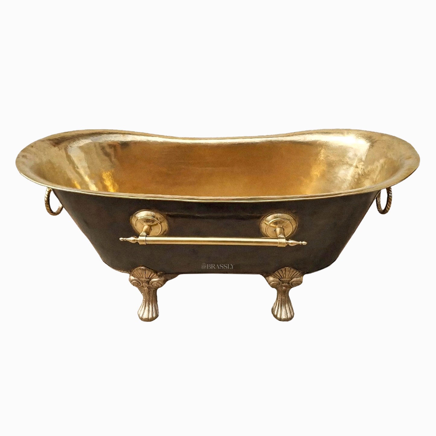 Antique Brass Clawfoot Bathtub with Polished Interior & Towel Holder – Luxury Freestanding Bath