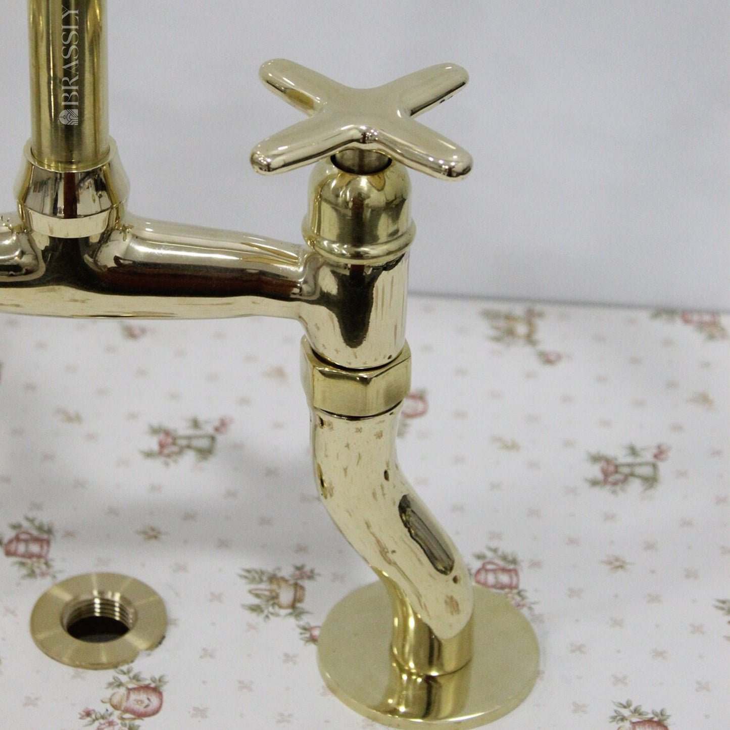 Unlacquered Brass Bridge Tap with Curved Legs and Custom Handles For Kitchen