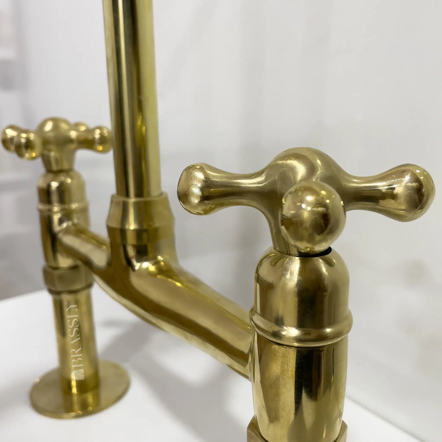 Unlacquered Brass 8" Bridge Tap, Deck Mount Tap, Vintage Kitchen Sink Tap