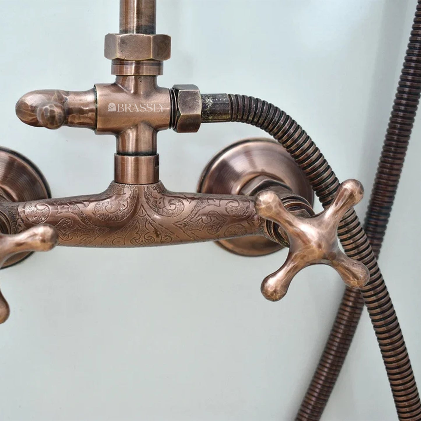 Unlacquered Copper Shower System with Vintage Round Showerhead, Handheld Shower