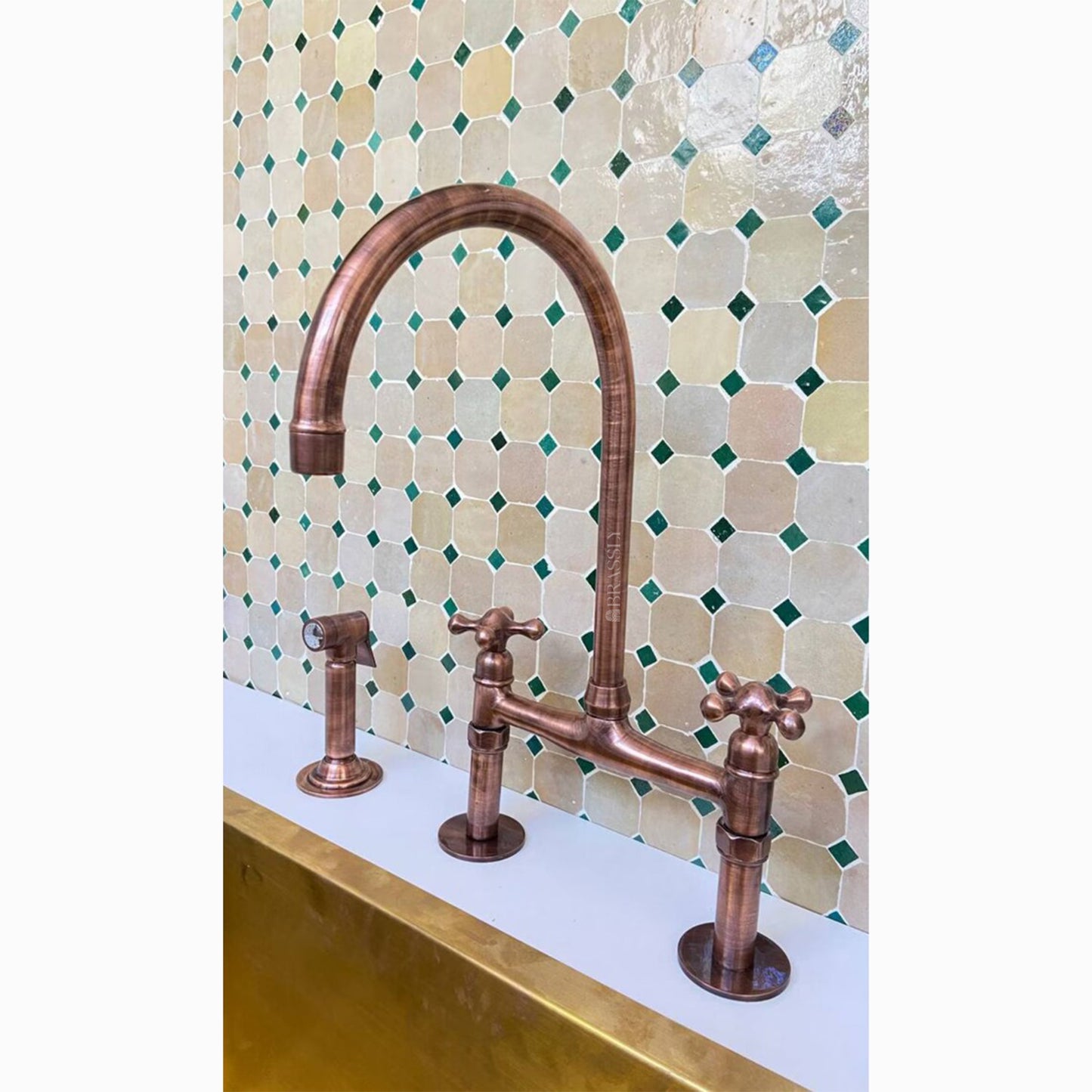 Unlacquered Brass or Copper Kitchen Bridge Faucet with Optional Sprayer, Different Handles, Straight Legs