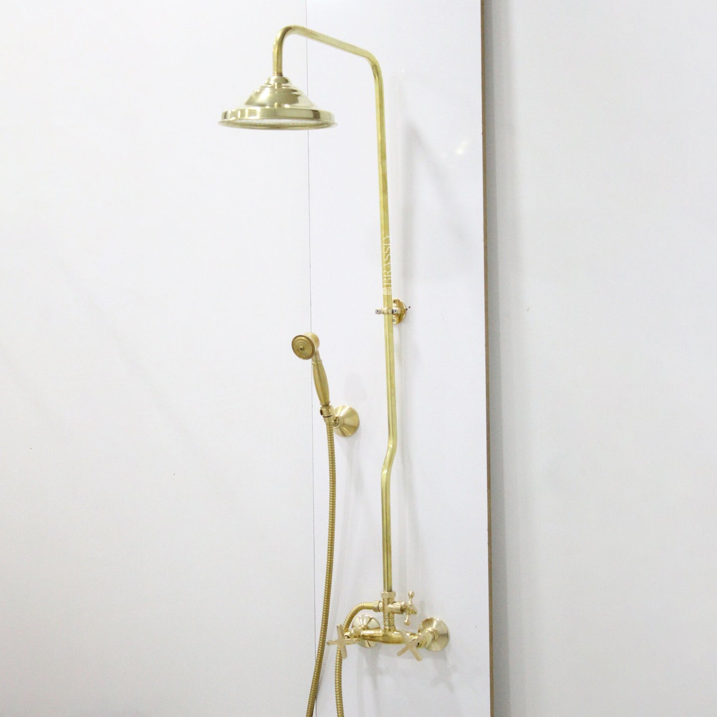 Unlacquered Brass Shower System with Handheld, High-Pressure Hose, Exposed Pipe Design