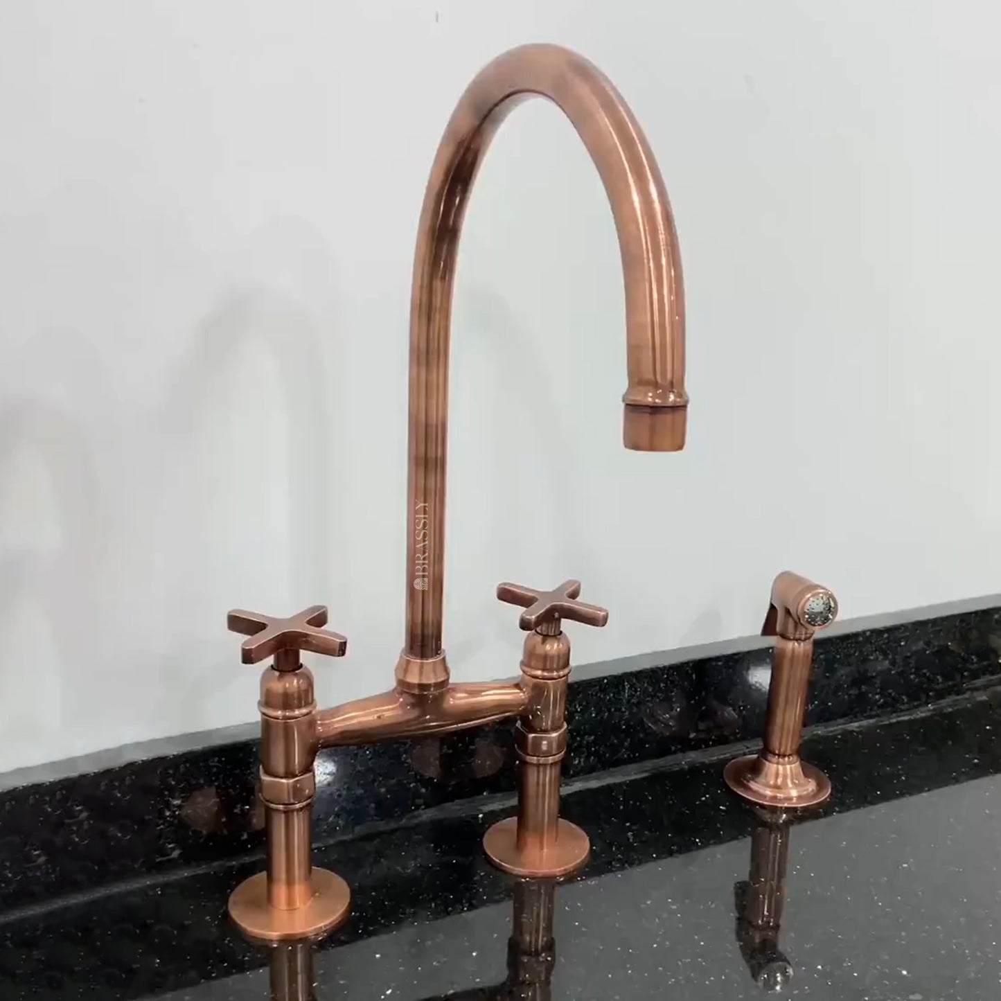 Solid Copper Bridge Faucet 8" - Premium Unlacquered Kitchen Faucet with Side Sprayer And Straight Legs