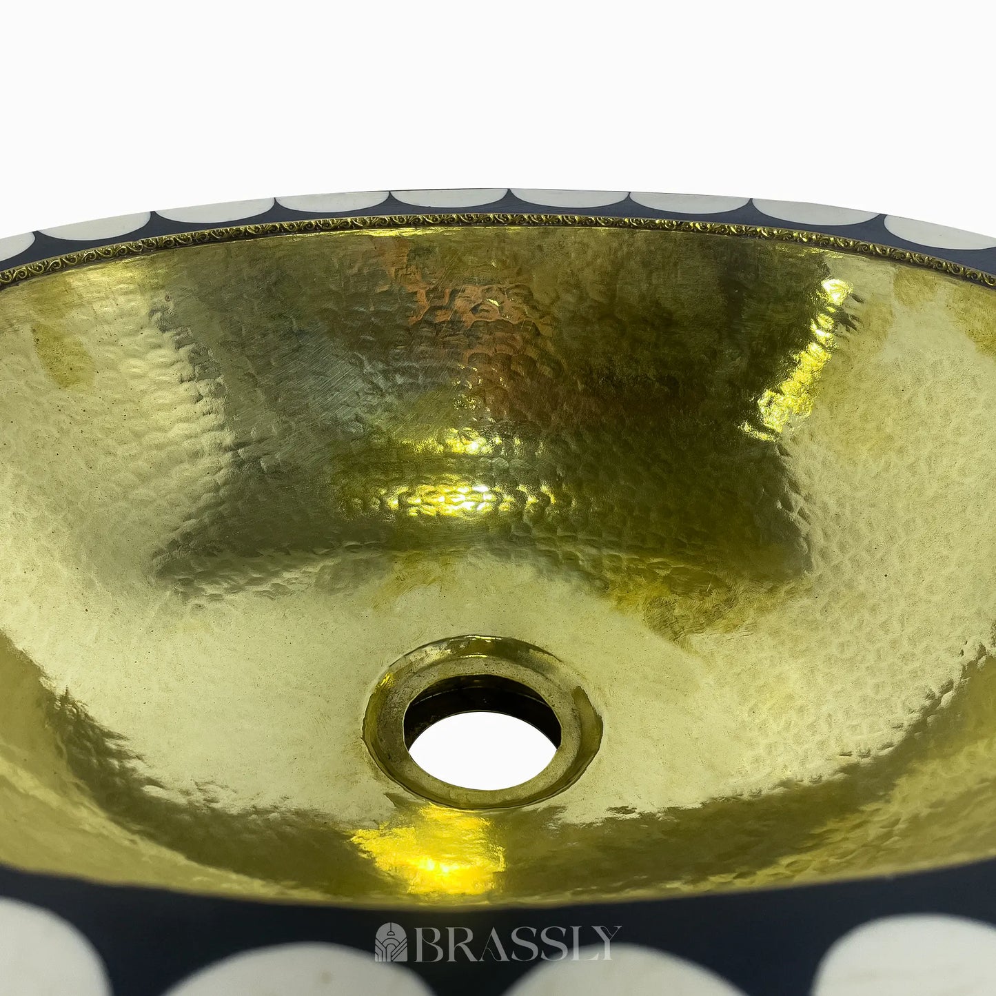 Brass Bathroom Sink, Black And White Pattern, Oval Basin Sink, Hammered Brass