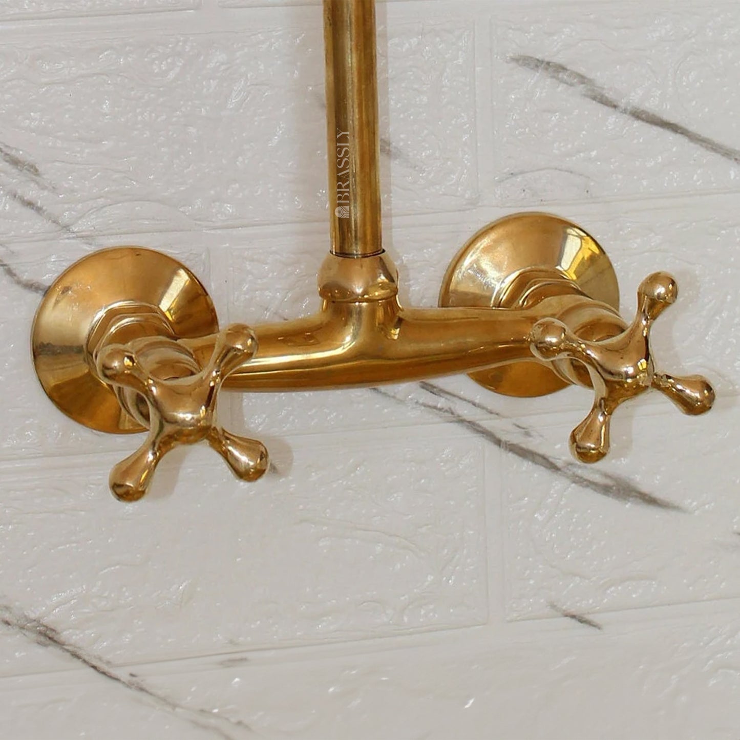 Unlacquered Brass Wall-Mount Gooseneck Kitchen Tap with Cross Handles