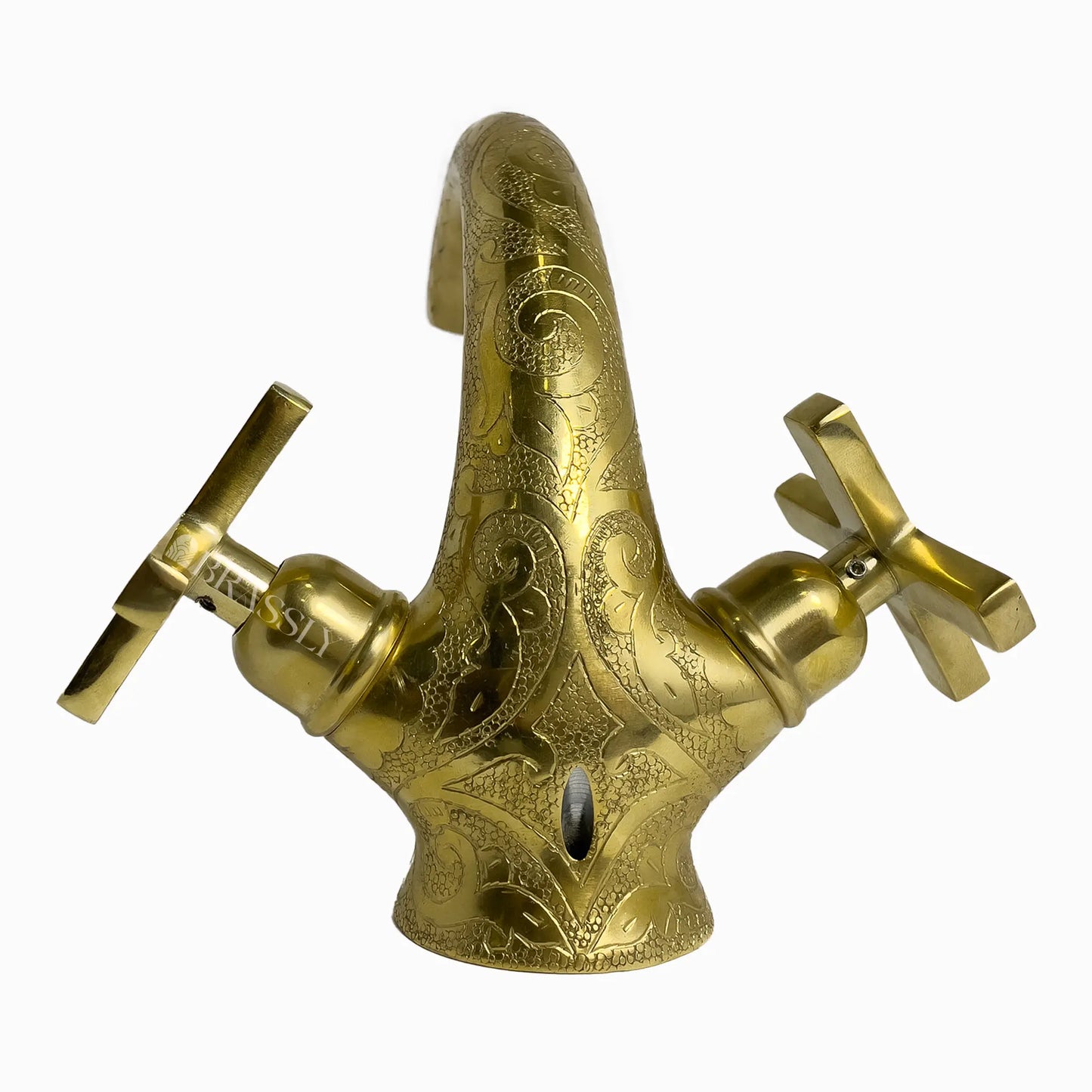 Single Hole Unlacquered Brass Bathroom Tap, Engraved Gooseneck Brass Vanity Faucet With Flat Cross Handles - Mumbai