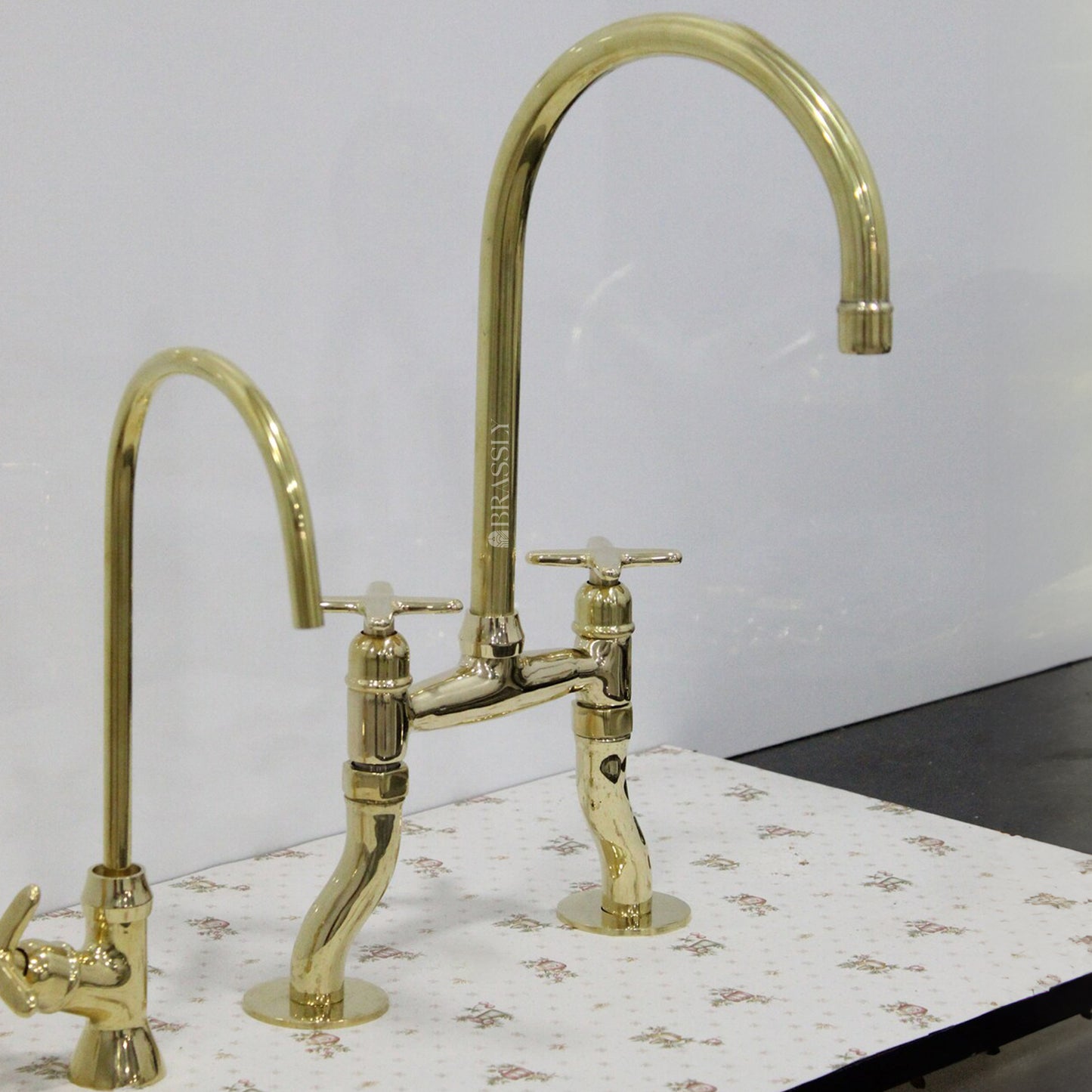 Unlacquered Brass Bridge Tap with Curved Legs and Custom Handles For Kitchen