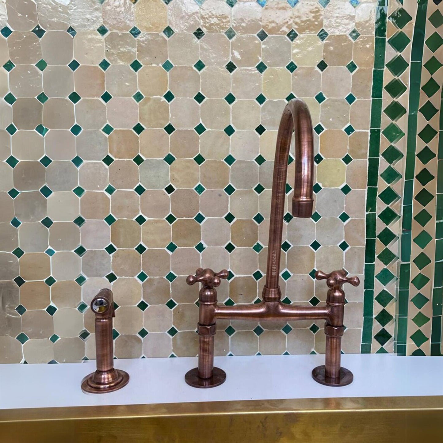 Unlacquered Brass or Copper Kitchen Bridge Faucet with Optional Sprayer, Different Handles, Straight Legs
