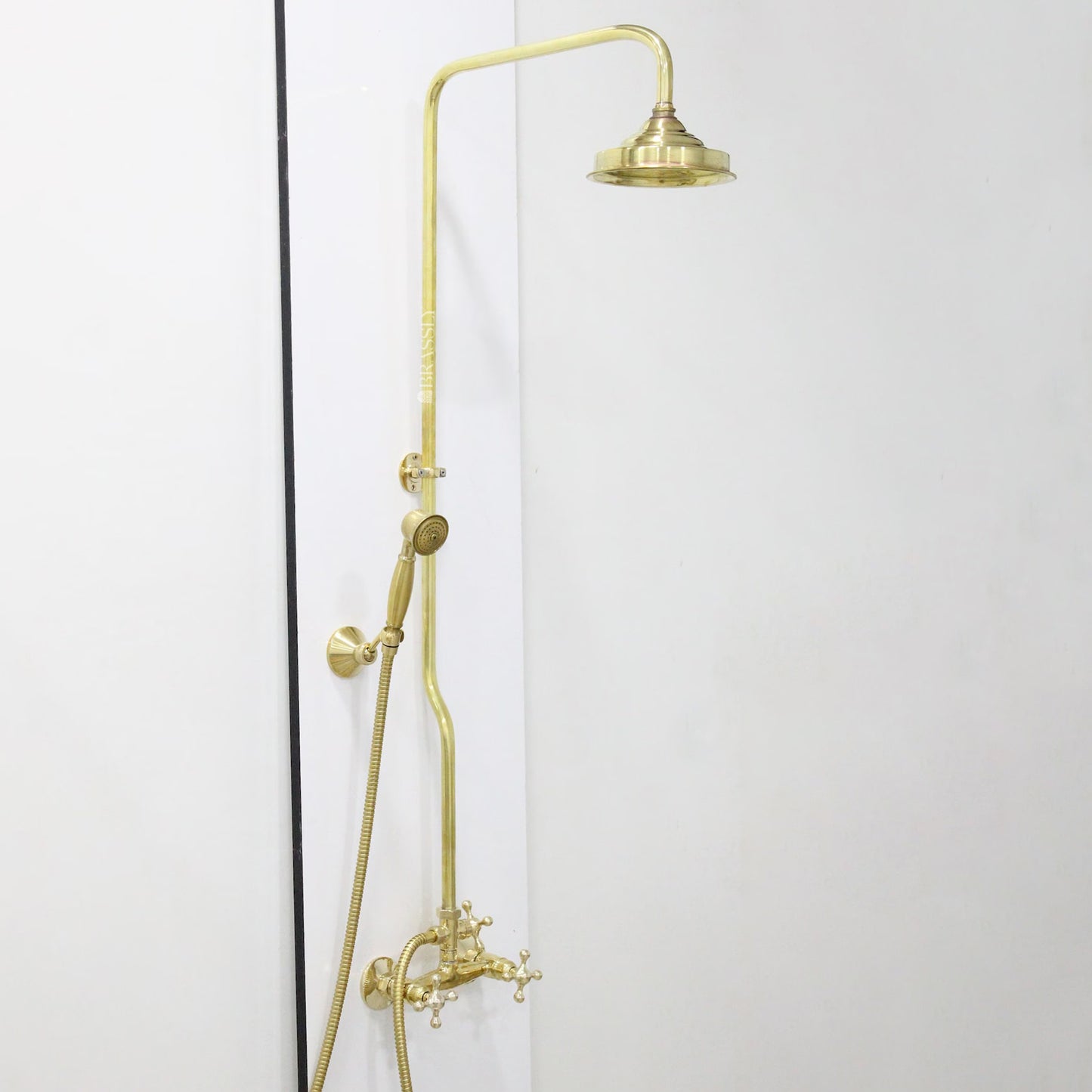 Unlacquered Brass Shower System with Handheld, High-Pressure Hose, Exposed Pipe Design