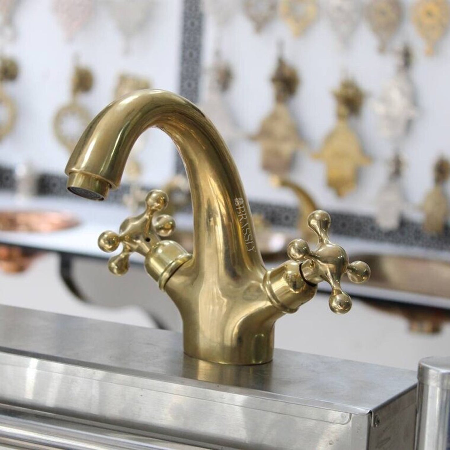 Solid Brass Tap With Simple Cross Handles - Unlacquered Brass Bathroom Tap