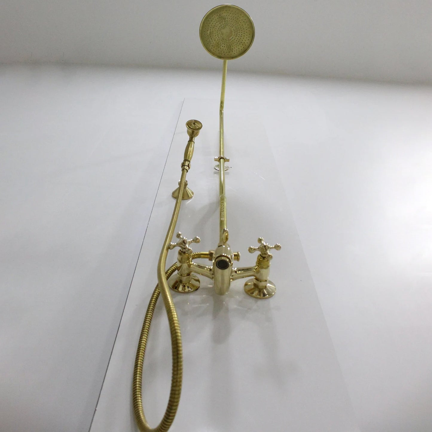Brass Shower System with Tub Filler And Hand Shower, Unlacquered Exposed Pipe Design
