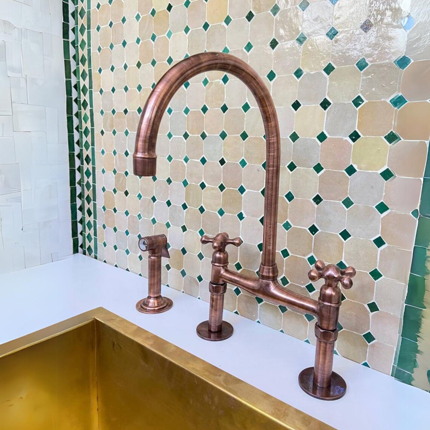Unlacquered Brass or Copper Kitchen Bridge Faucet with Optional Sprayer, Different Handles, Straight Legs