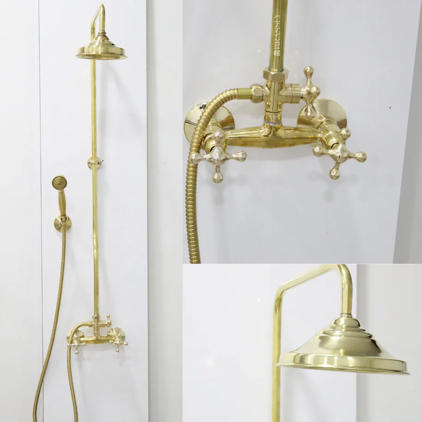 Unlacquered Brass Shower System with Handheld, High-Pressure Hose, Exposed Pipe Design