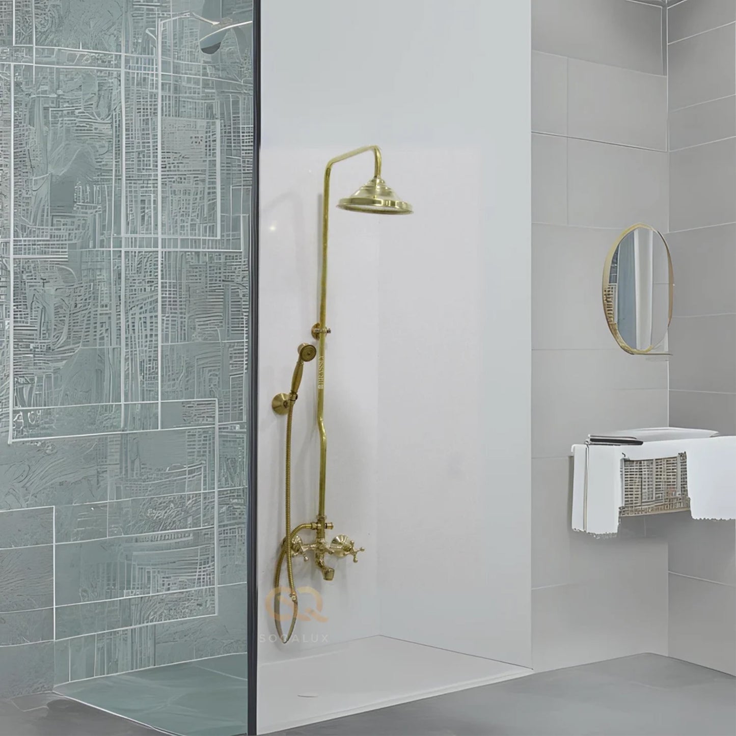 Brass Shower System with Tub Filler And Hand Shower, Unlacquered Exposed Pipe Design