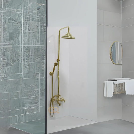 Brass Shower System with Tub Filler And Hand Shower, Unlacquered Exposed Pipe Design