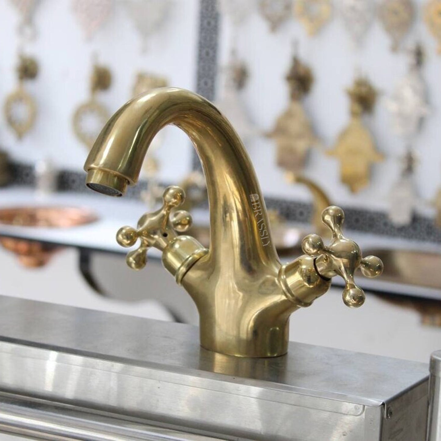 Solid Brass Tap With Simple Cross Handles - Unlacquered Brass Bathroom Tap