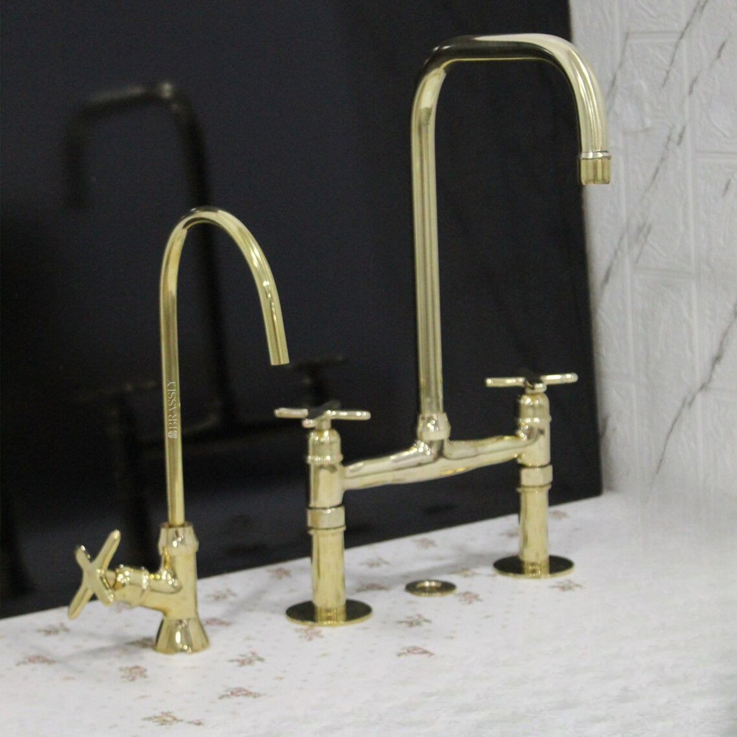 Unlacquered Solid Brass 8" Bridge Tap with Cross Handles and Curved Spout