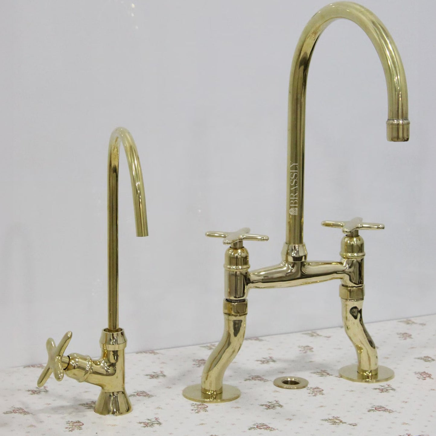 Unlacquered Brass Bridge Tap with Curved Legs and Custom Handles For Kitchen