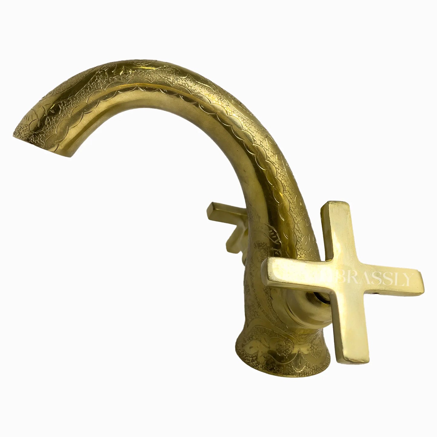 Single Hole Unlacquered Brass Bathroom Tap, Engraved Gooseneck Brass Vanity Faucet With Flat Cross Handles - Mumbai