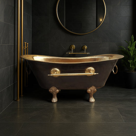 Antique Brass Clawfoot Bathtub with Polished Interior & Towel Holder – Luxury Freestanding Bath