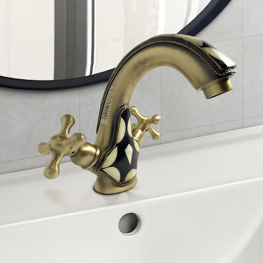 Brass Bathroom Tap With Resin And Bone Accents, Single Hole Bathroom, Vanity Sink Faucet With Cross Handles