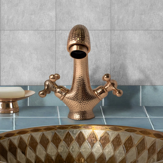 Hammred Copper Bathroom Tap, Bathroom Sink Tap with Simple Cross Handles