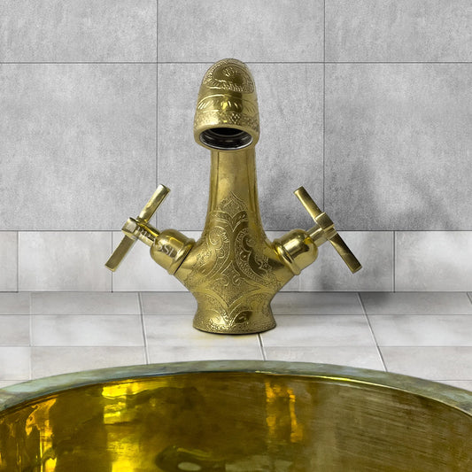 Single Hole Unlacquered Brass Bathroom Tap, Engraved Gooseneck Brass Vanity Faucet With Flat Cross Handles - Mumbai