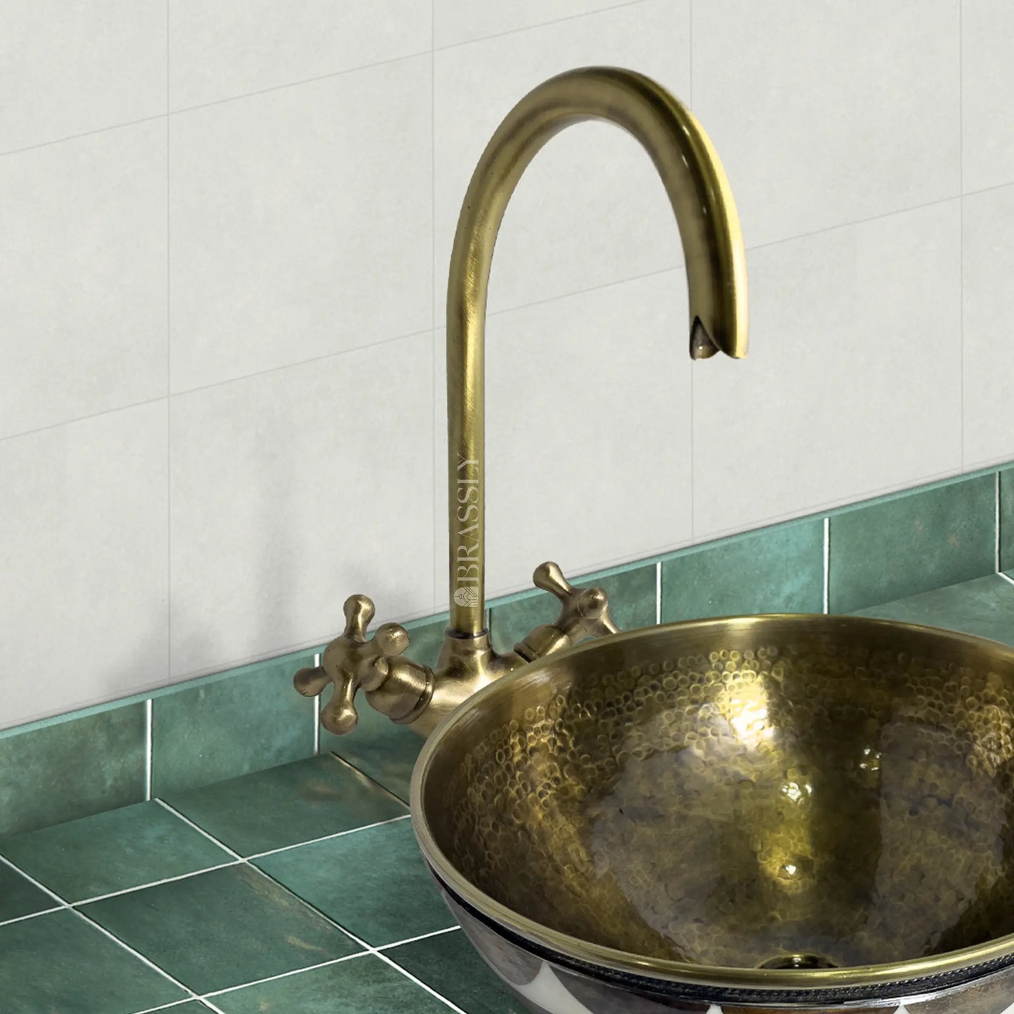 Bathroom Tap, Brass Kitchen Faucet Or Copper Gooseneck Tap with Simple Cross Handles