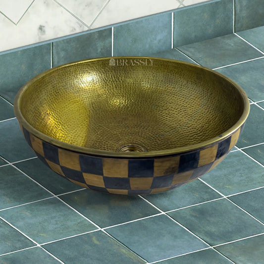 Hammered Brass Sink With Wood And Black Resin Pattern