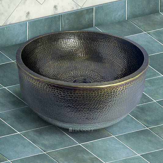 Hammered Brass Sink Bowl, Round Bar Sink, Patinated Brass