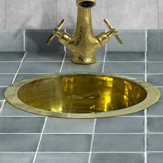 Brass Undermount Sink, Round Bar Sink With Drain, Hammered Brass, Smooth Finish Brass
