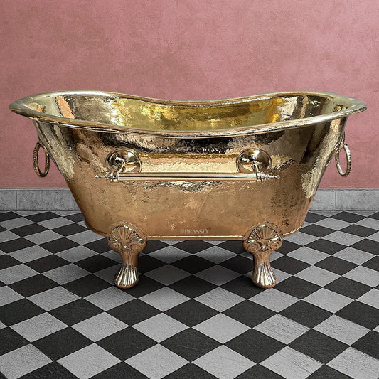 Unlacquered Brass Clawfoot Bathtub with Hammered Finish & Towel Holder – Luxury Freestanding Bath
