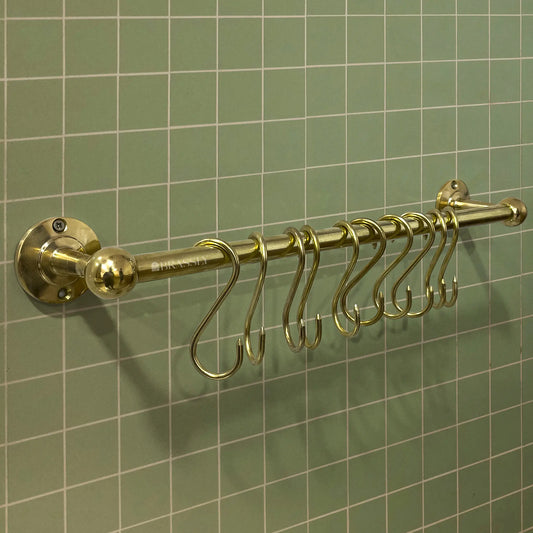 Brass Hanging Rail, 10 Grove S Hooks, Polished Brass