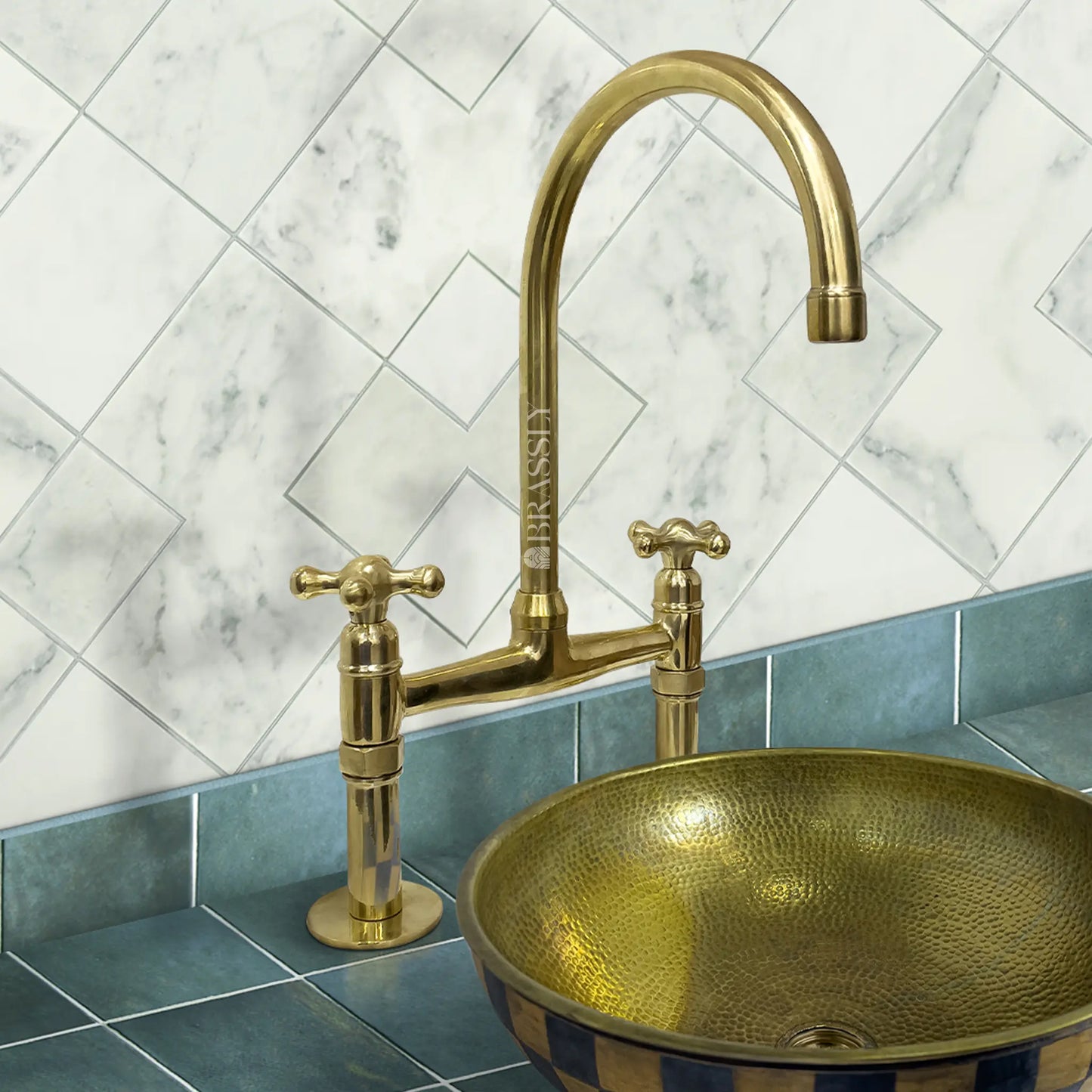 Unlacquered Brass 8" Bridge Tap, Deck Mount Tap, Vintage Kitchen Sink Tap