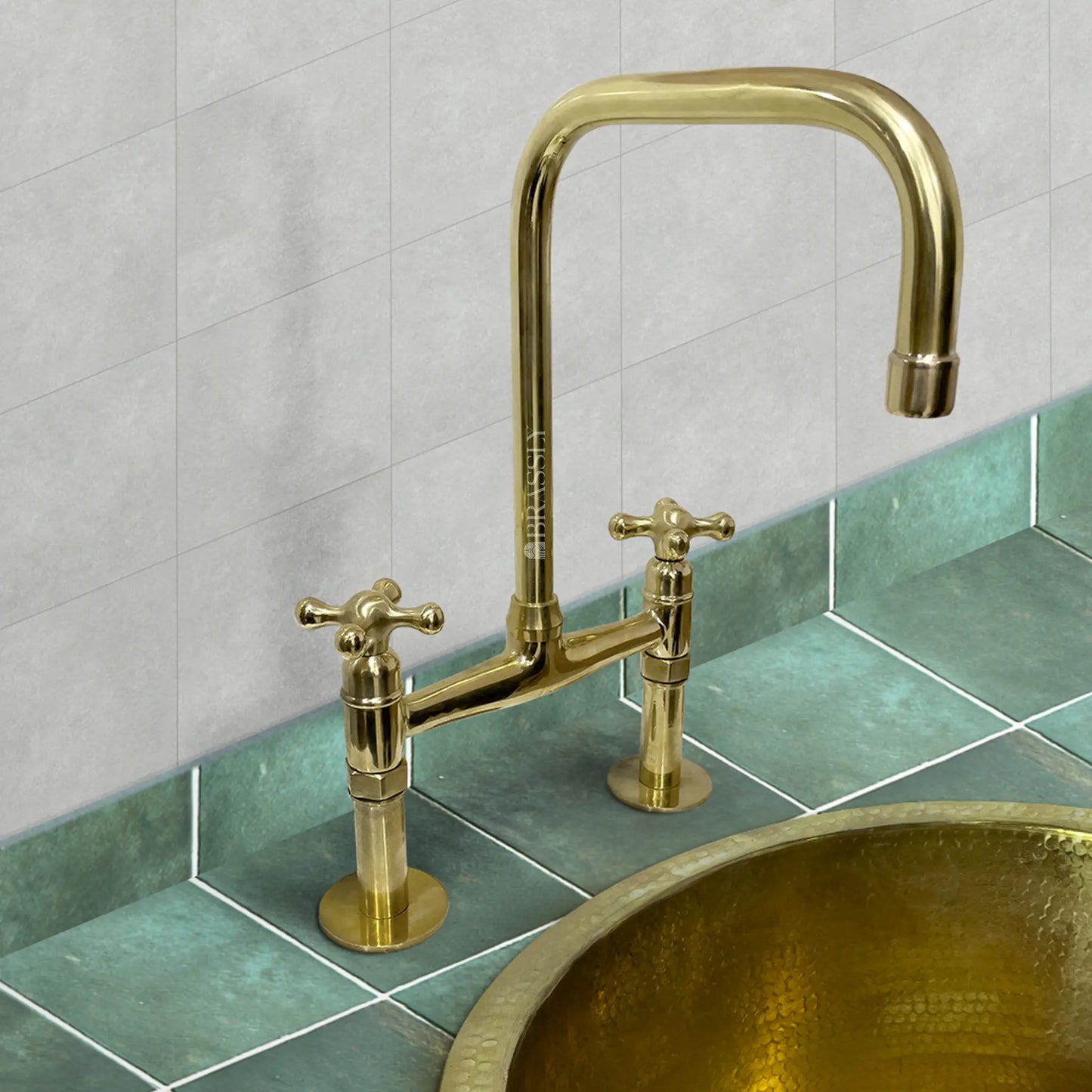 Unlacquered Brass 8" Bridge Tap, Deck Mount Tap, Vintage Kitchen Sink Tap