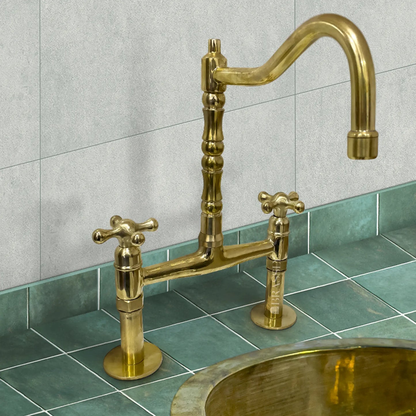 Unlacquered Brass 8" Bridge Tap, Deck Mount Tap, Vintage Kitchen Sink Tap
